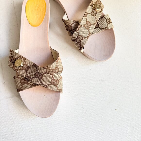 Gucci Canvas Monogram Wood Sole Clog Sandals 37 - Picture 2 of 16